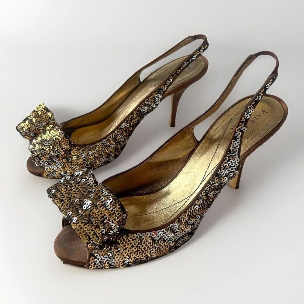 KATE SPADE Rose Gold Sling Back Open Toe Bow Pump Bow Size 7B